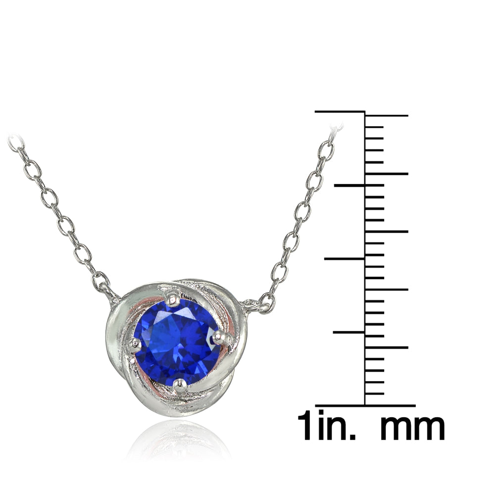 Sterling Silver Created Blue Sapphire 6mm Round Love Knot Pendant Necklace-3