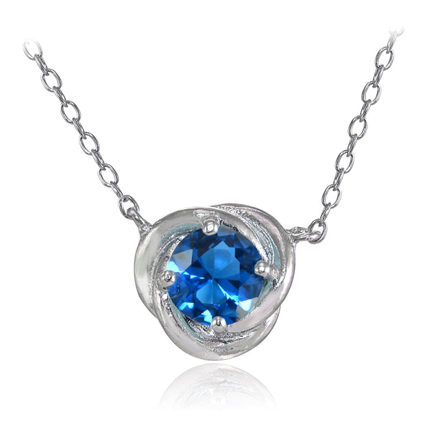 Sterling Silver Created London Blue Topaz 6mm Round Love Knot Pendant Necklace