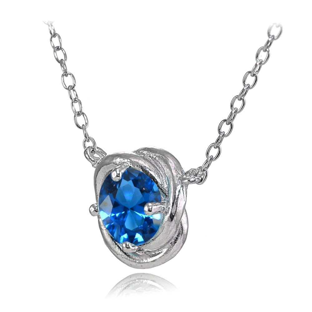 Sterling Silver Created London Blue Topaz 6mm Round Love Knot Pendant Necklace-2