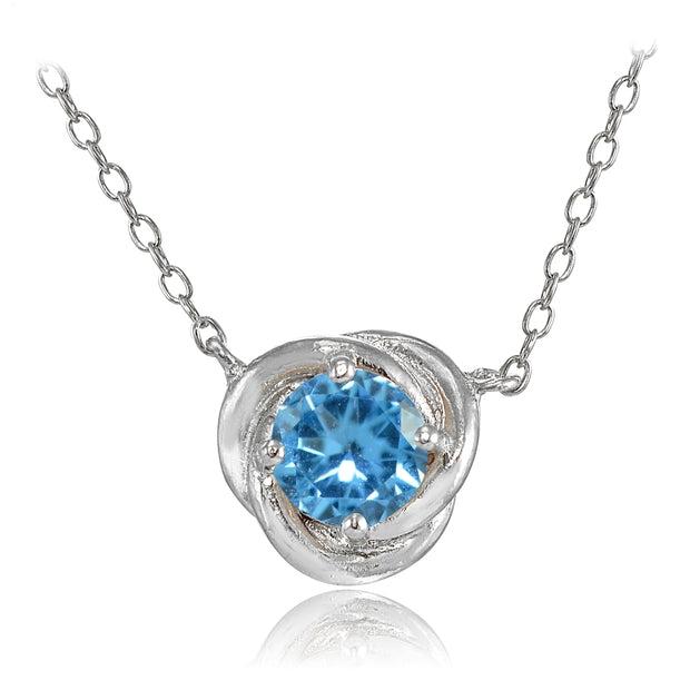 Sterling Silver Created Blue Topaz 6mm Round Love Knot Pendant Necklace
