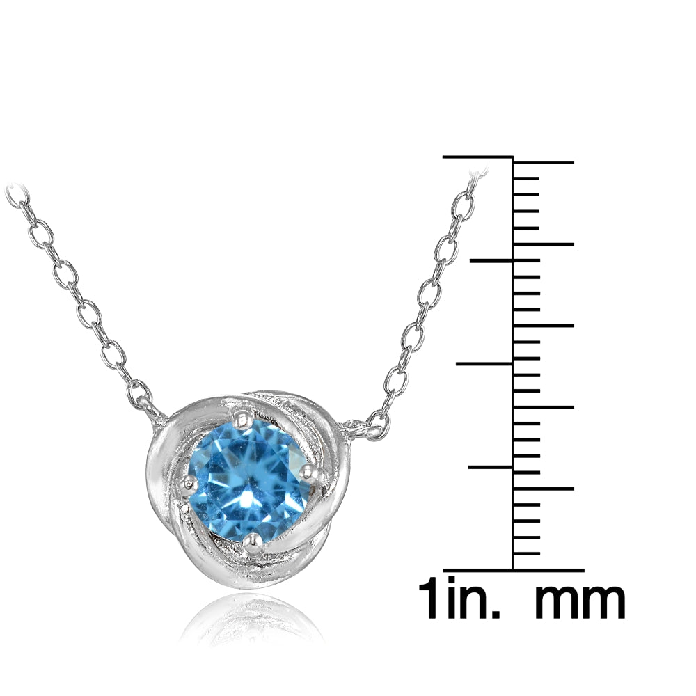 Sterling Silver Created Blue Topaz 6mm Round Love Knot Pendant Necklace-3