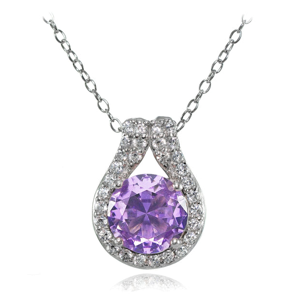Sterling Silver Created Amethyst Round Halo Necklace with CZ Accents