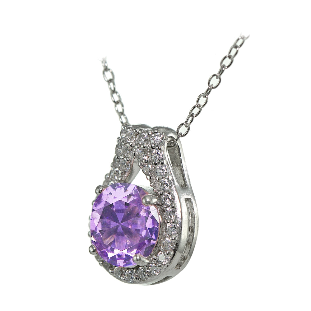 Sterling Silver Created Amethyst Round Halo Necklace with CZ Accents-2