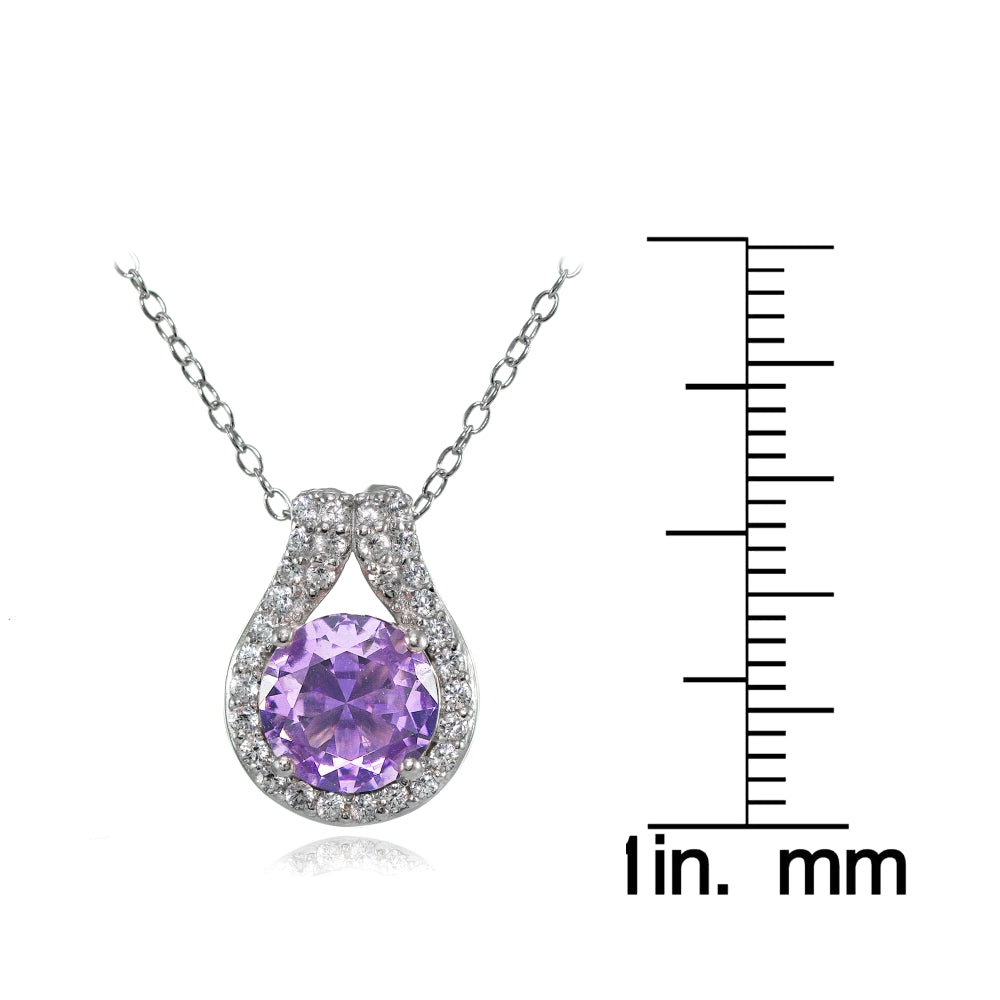 Sterling Silver Created Amethyst Round Halo Necklace with CZ Accents-3
