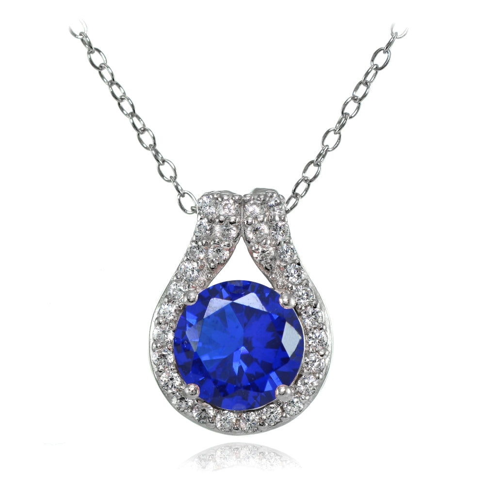 Sterling Silver Created Blue Sapphire Round Halo Necklace with CZ Accents