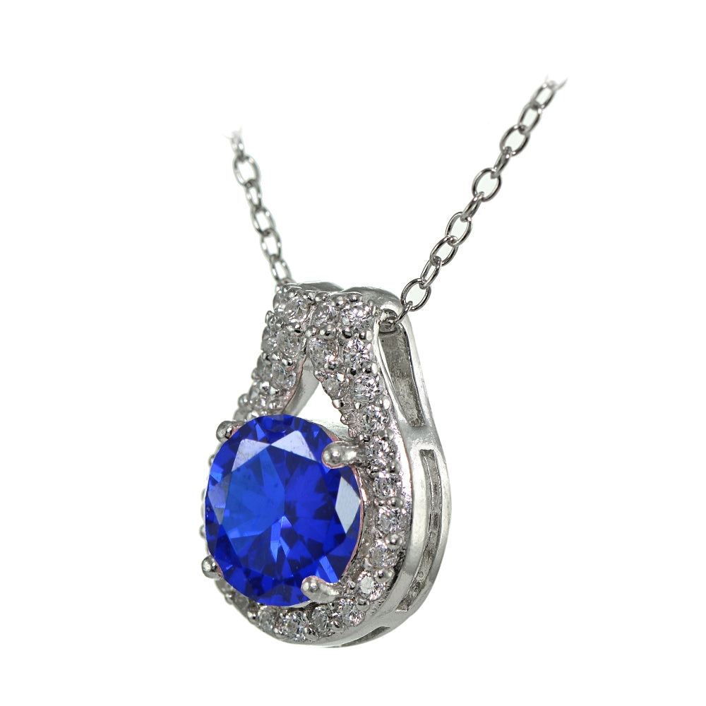 Sterling Silver Created Blue Sapphire Round Halo Necklace with CZ Accents-2