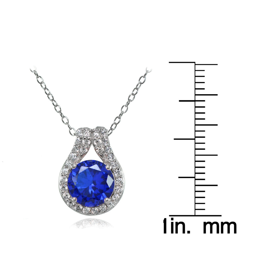Sterling Silver Created Blue Sapphire Round Halo Necklace with CZ Accents-3