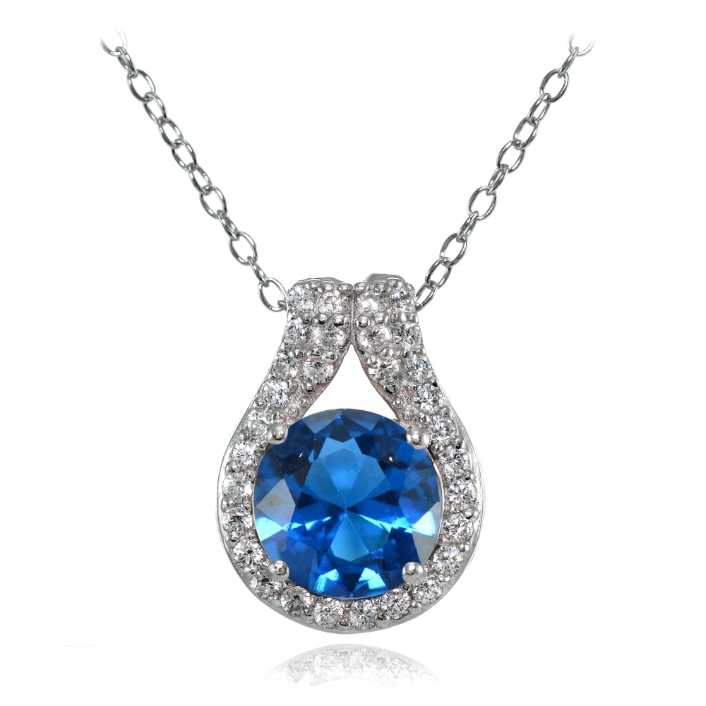 Sterling Silver Created London Blue Topaz Round Halo Necklace with CZ Accents