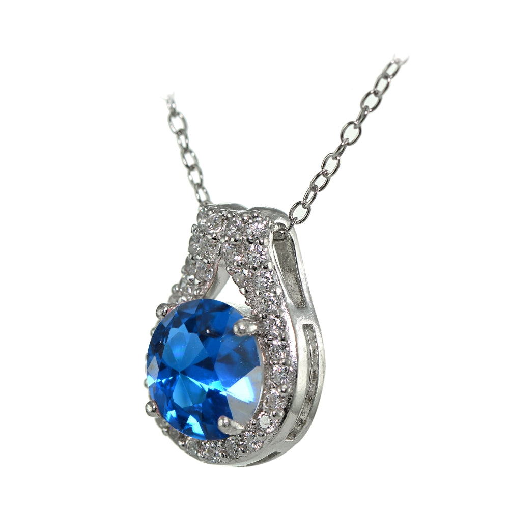 Sterling Silver Created London Blue Topaz Round Halo Necklace with CZ Accents-2