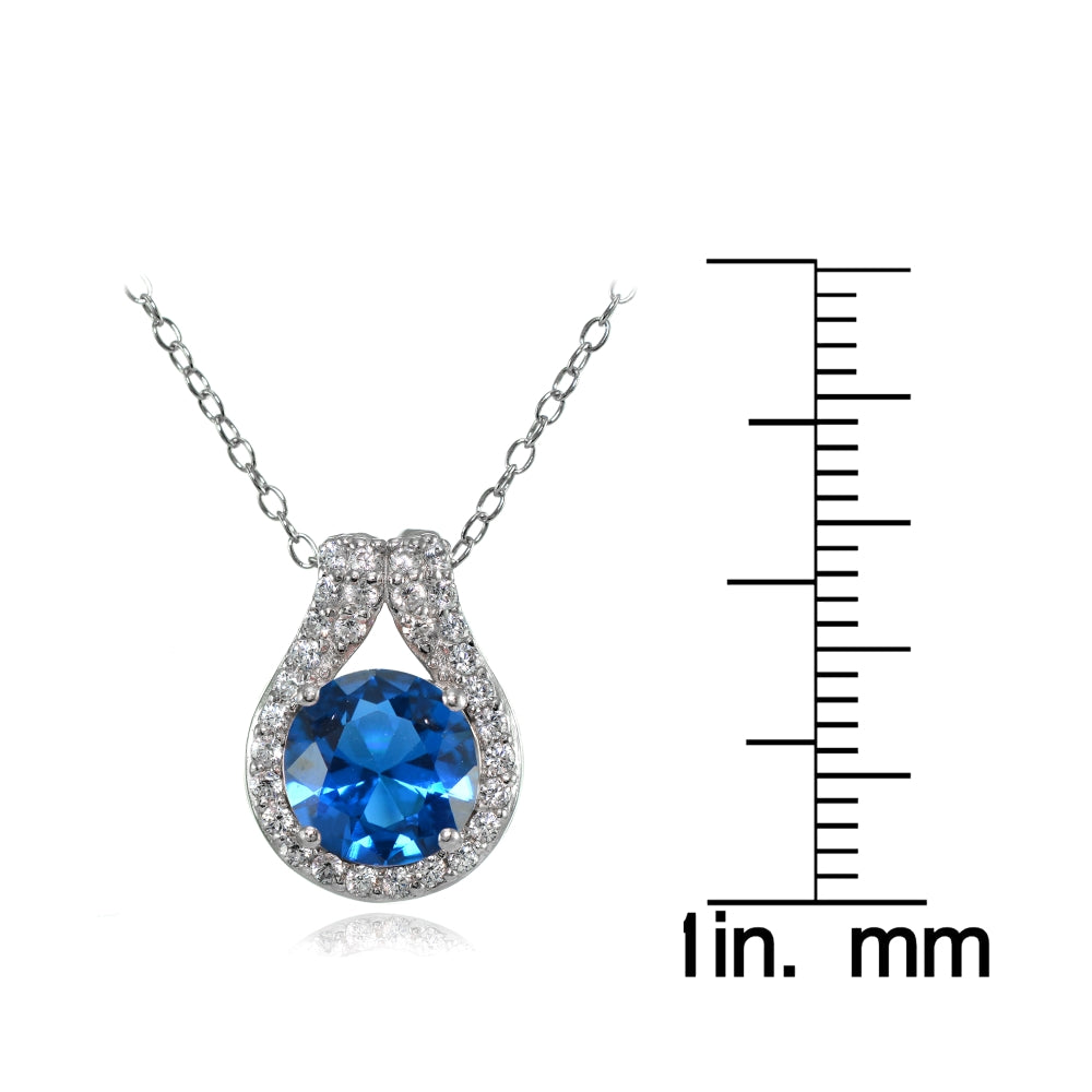 Sterling Silver Created London Blue Topaz Round Halo Necklace with CZ Accents-3