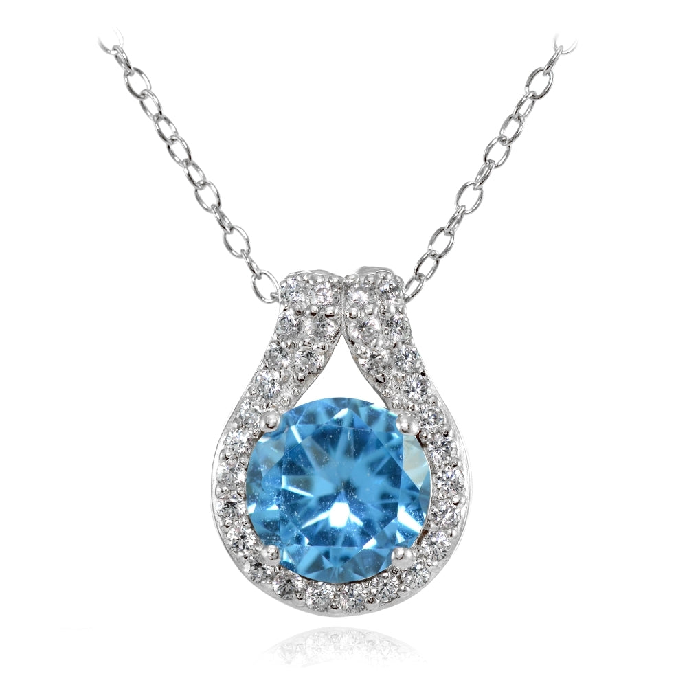 Sterling Silver Created Blue Topaz Round Halo Necklace with CZ Accents