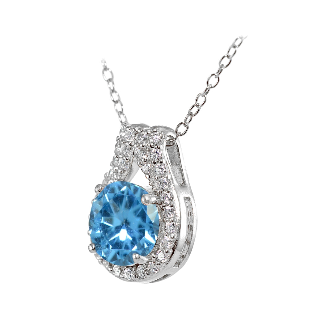 Sterling Silver Created Blue Topaz Round Halo Necklace with CZ Accents-2