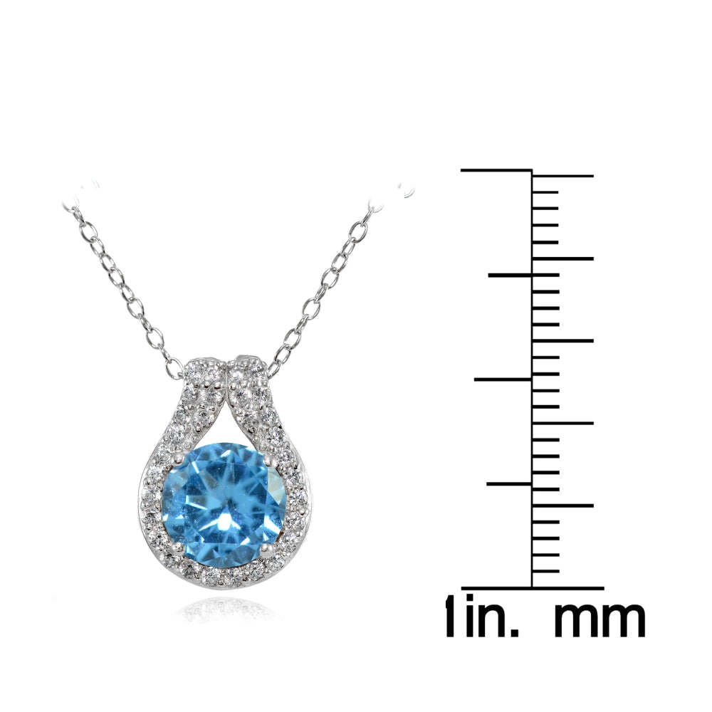 Sterling Silver Created Blue Topaz Round Halo Necklace with CZ Accents-3