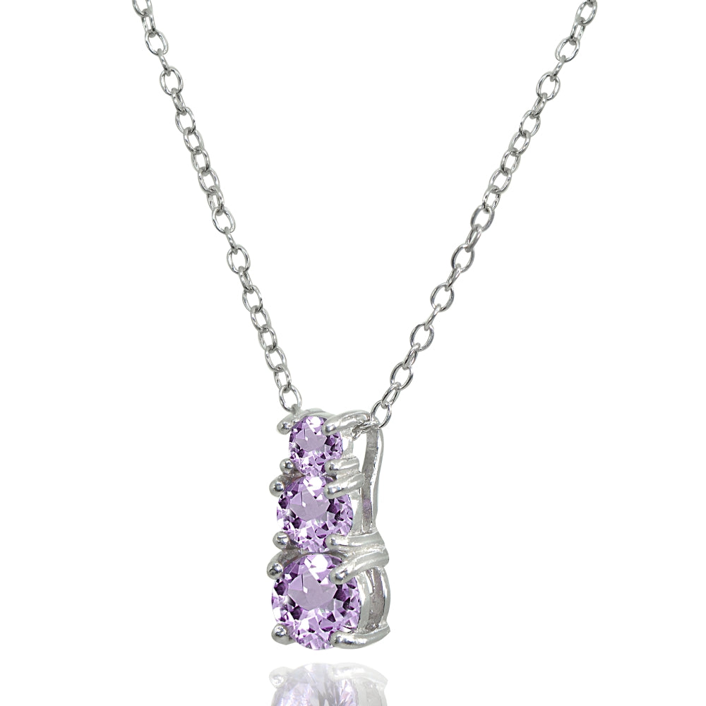 Sterling Silver Amethyst Round Graduating Three Stone Pendant Necklace-2