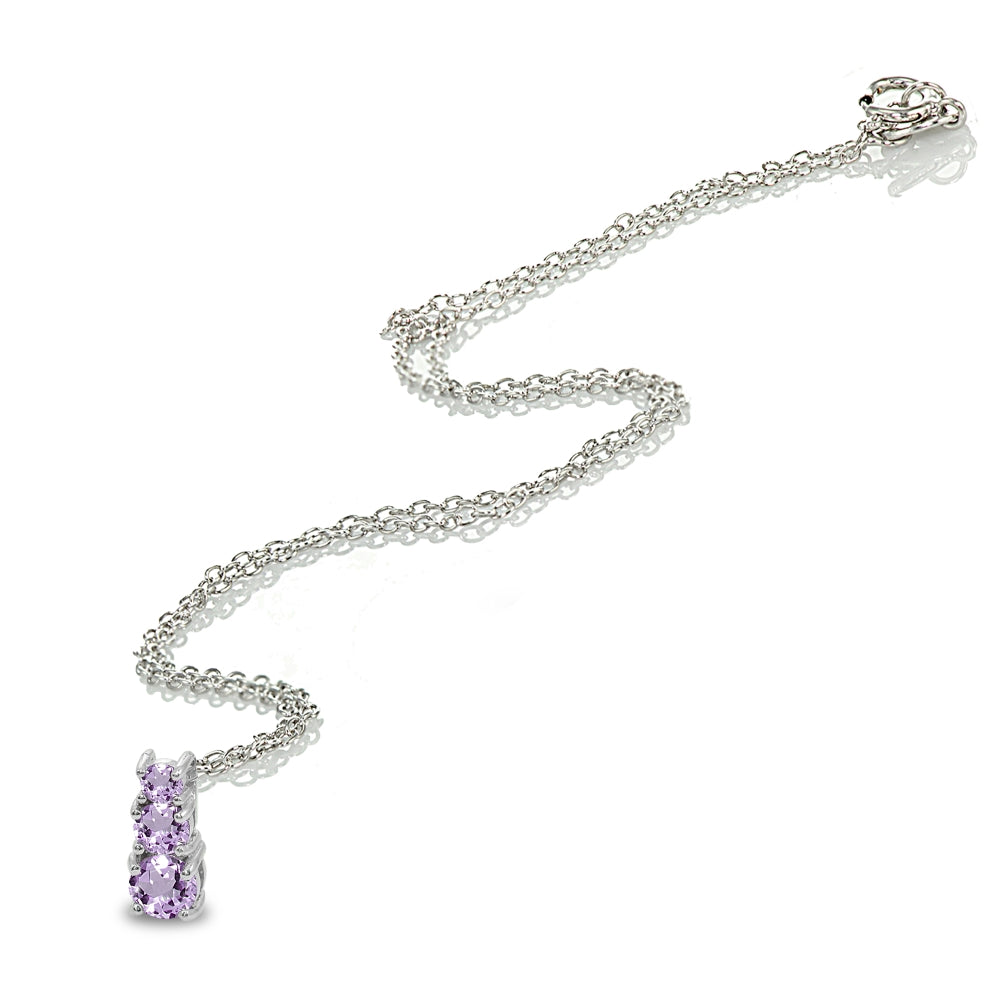 Sterling Silver Amethyst Round Graduating Three Stone Pendant Necklace-3