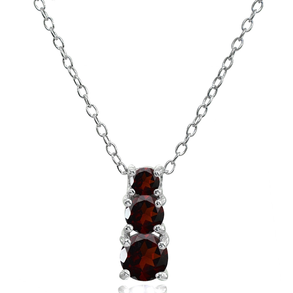 Sterling Silver Garnet Round Graduating Three Stone Pendant Necklace