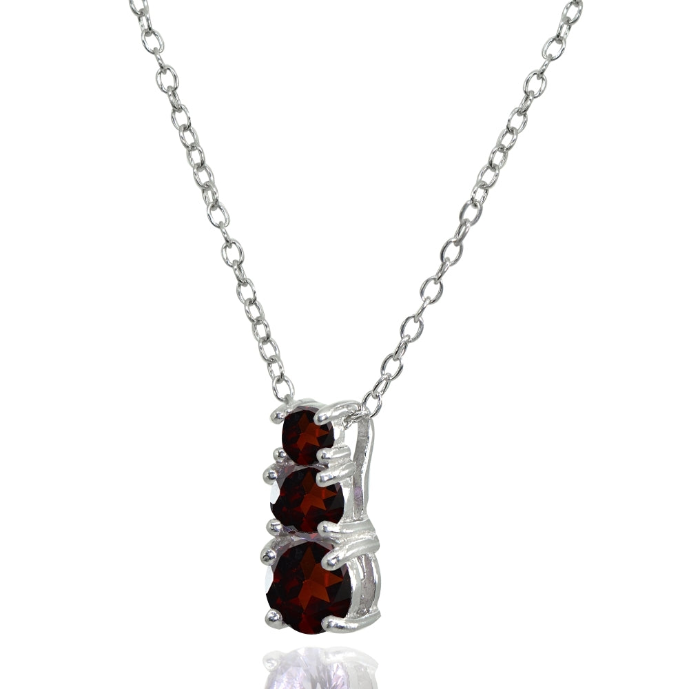 Sterling Silver Garnet Round Graduating Three Stone Pendant Necklace-2
