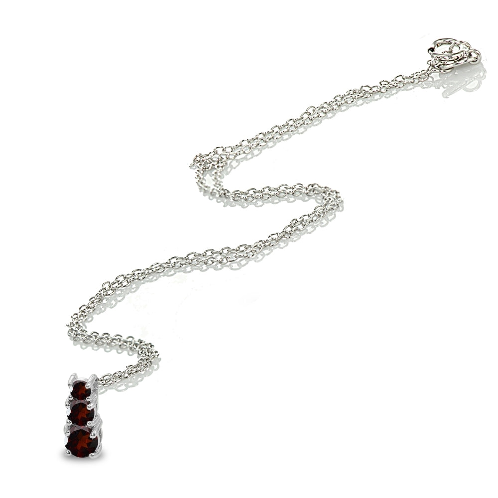Sterling Silver Garnet Round Graduating Three Stone Pendant Necklace-3