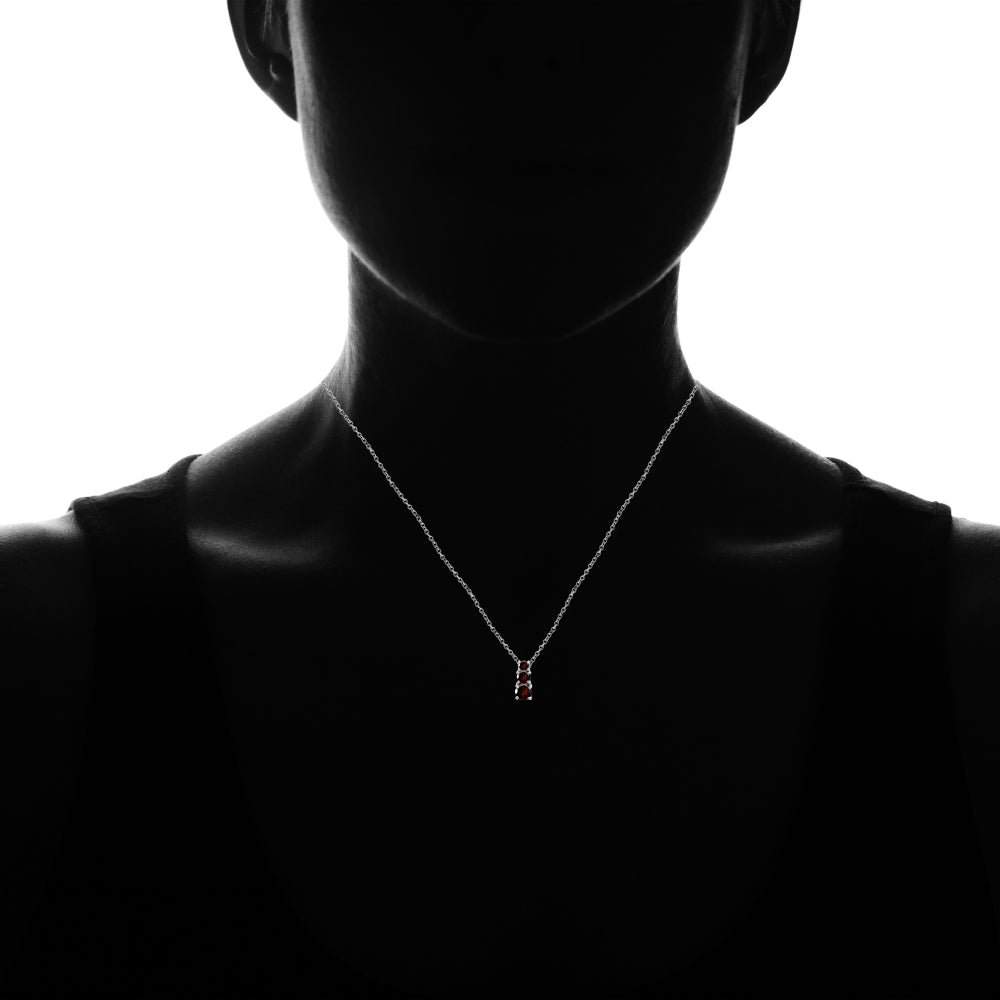 Sterling Silver Garnet Round Graduating Three Stone Pendant Necklace-4