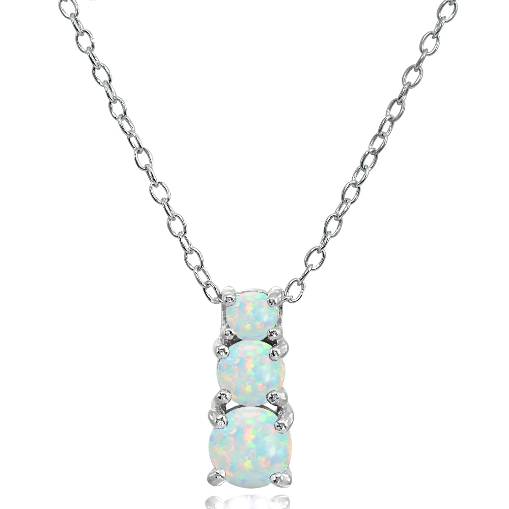 Sterling Silver Created White Opal Round Graduating Three Stone Pendant Necklace