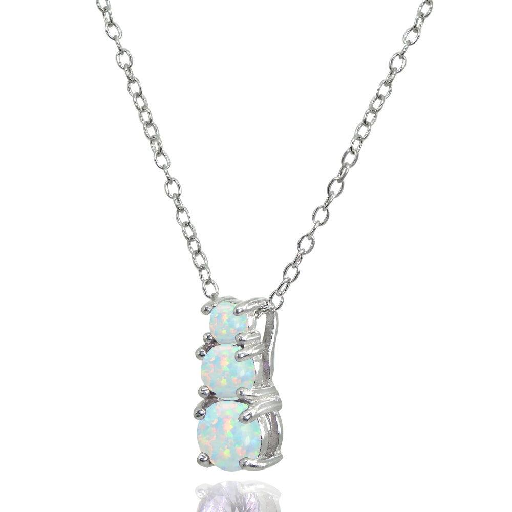 Sterling Silver Created White Opal Round Graduating Three Stone Pendant Necklace-2