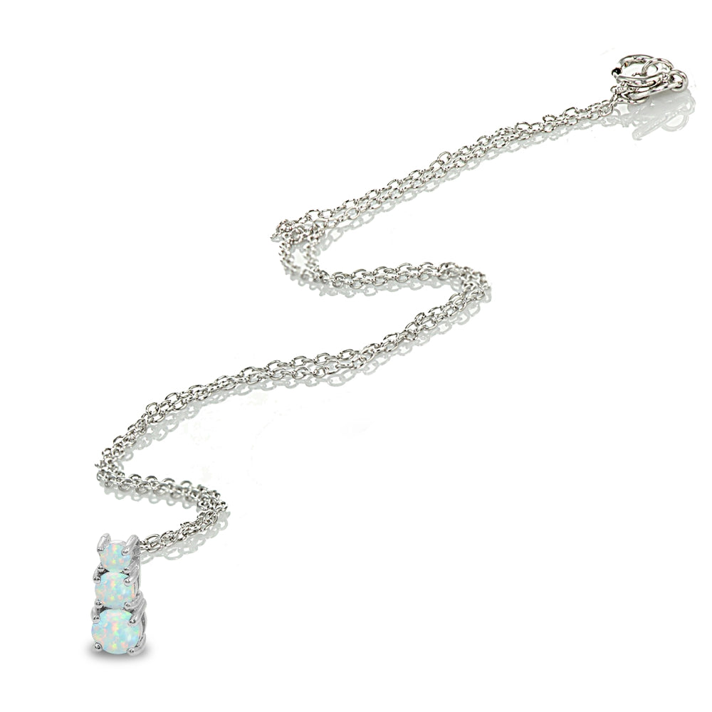 Sterling Silver Created White Opal Round Graduating Three Stone Pendant Necklace-3