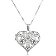 Sterling Silver Polished Diamond-Cut Heart Filigree Picture Locket Necklace