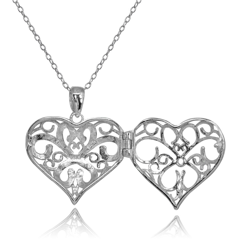 Sterling Silver Polished Diamond-Cut Heart Filigree Picture Locket Necklace-2