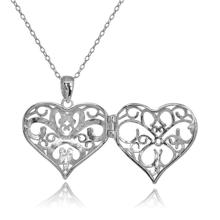 Sterling Silver Polished Diamond-Cut Heart Filigree Picture Locket Necklace