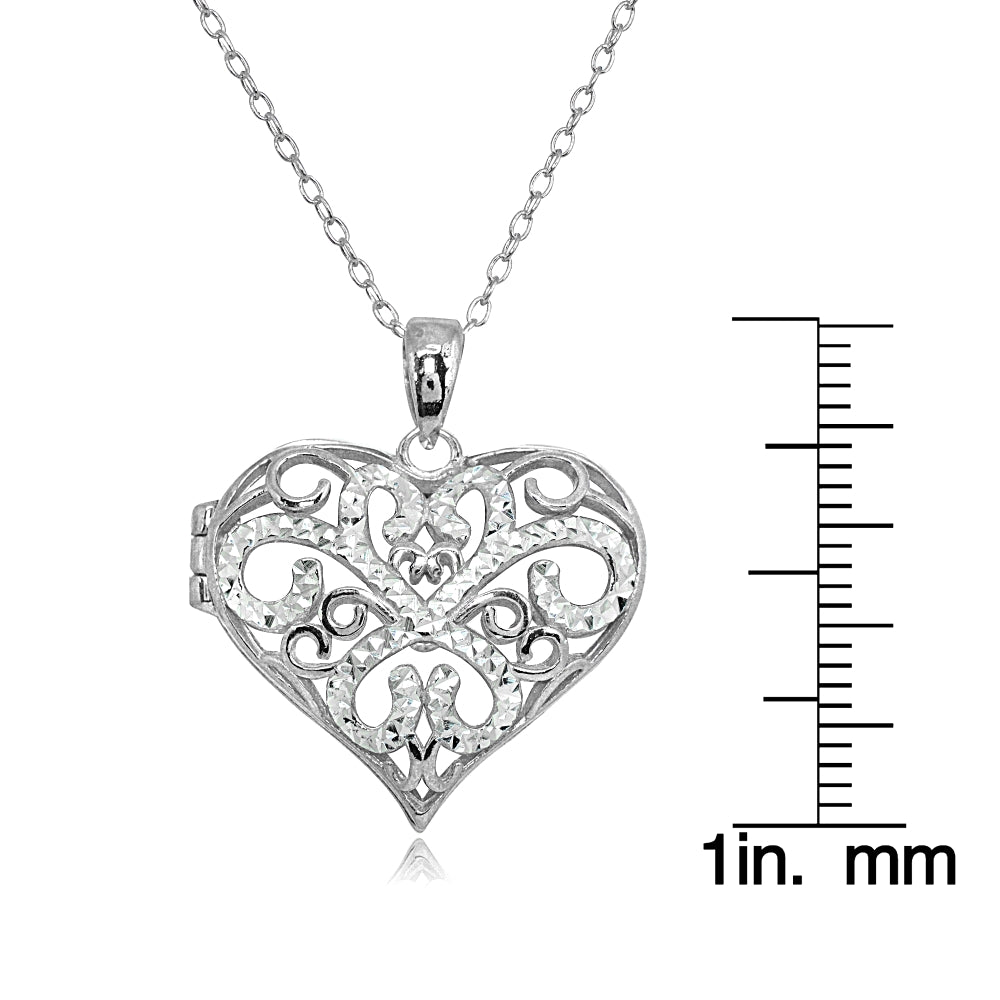 Sterling Silver Polished Diamond-Cut Heart Filigree Picture Locket Necklace-3