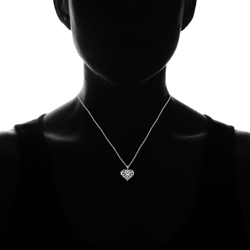 Sterling Silver Polished Diamond-Cut Heart Filigree Picture Locket Necklace-4