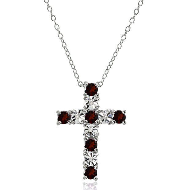 Sterling Silver Garnet Cross Religious Pendant Necklace