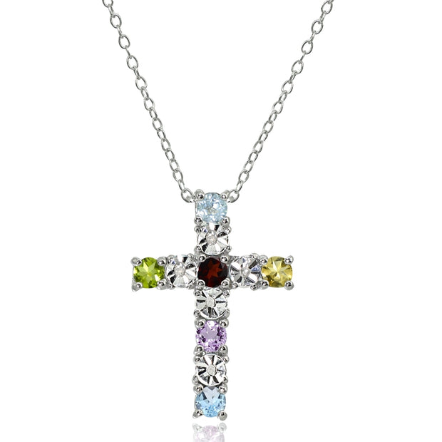 Sterling Silver Multi-Color Gemstone Cross Religious Pendant Necklace