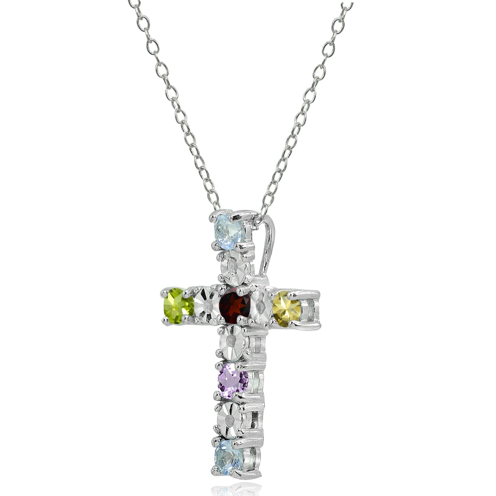 Sterling Silver Multi-Color Gemstone Cross Religious Pendant Necklace-2