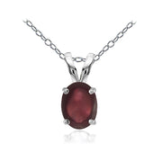 Sterling Silver Created Cabochon Garnet 8x6mm Oval Solitaire Pendant Necklace