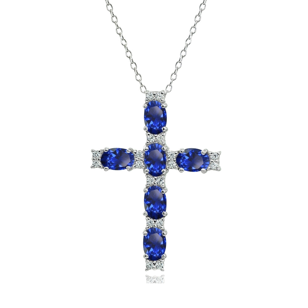 Sterling Silver Created Blue Sapphire Oval-Cut Cross Pendant Necklace with White Topaz Accents