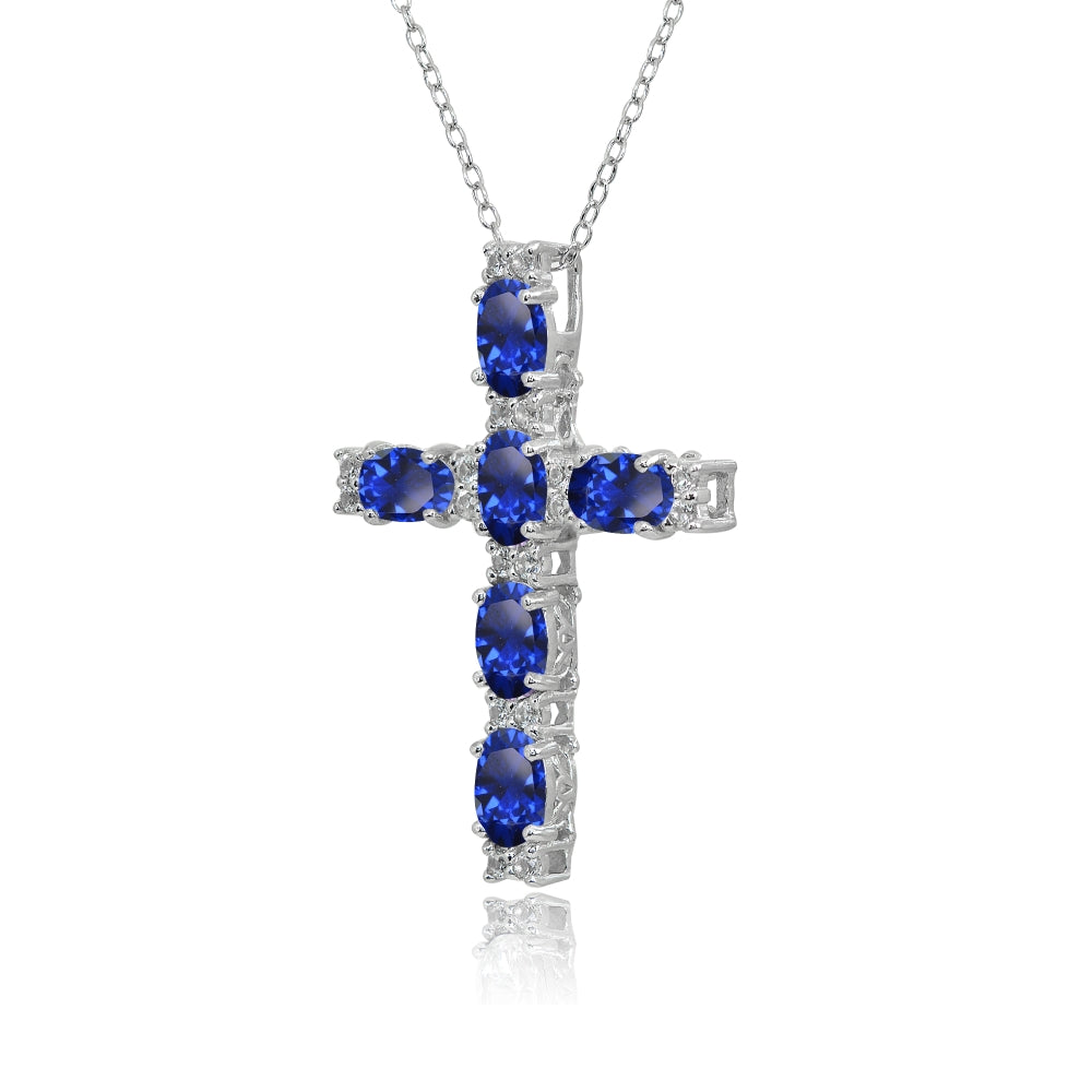 Sterling Silver Created Blue Sapphire Oval-Cut Cross Pendant Necklace with White Topaz Accents-2