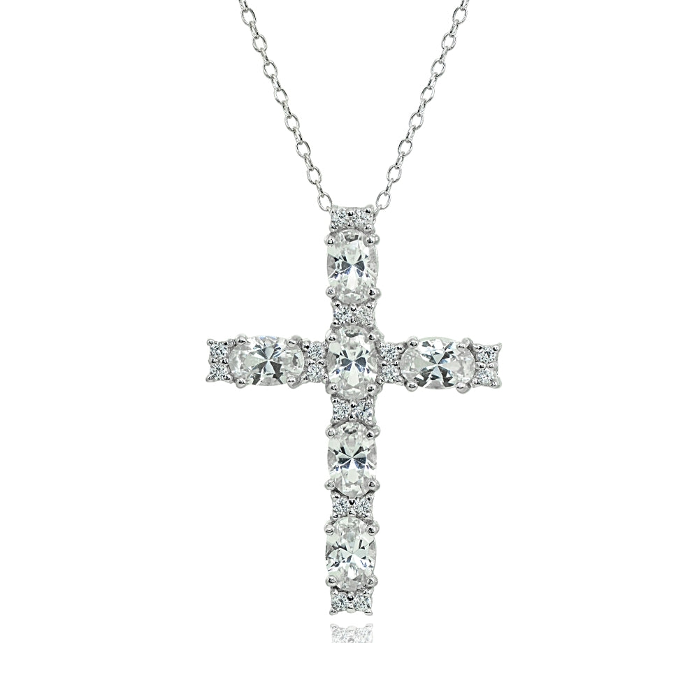 Sterling Silver Created White Sapphire Oval-Cut Cross Pendant Necklace