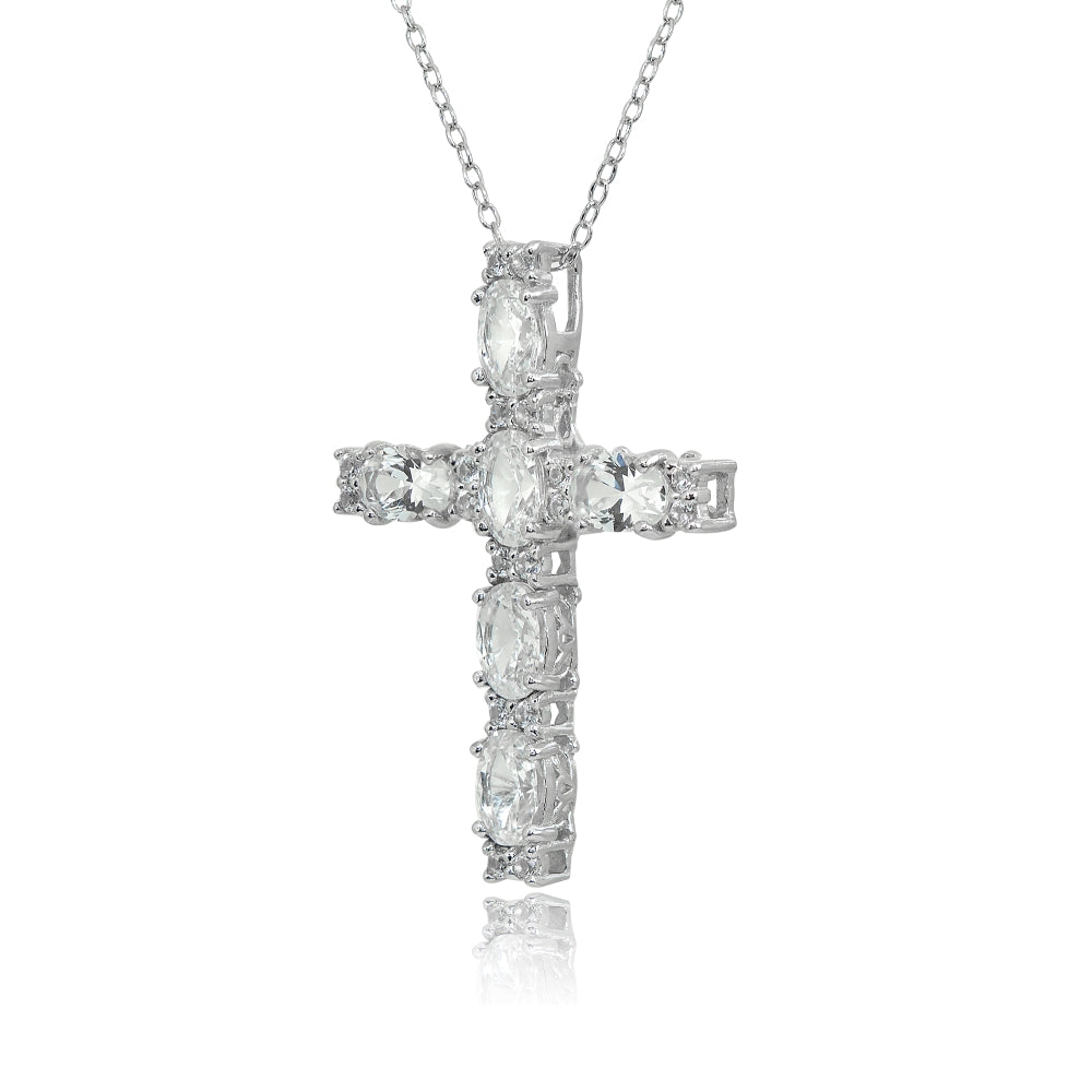 Sterling Silver Created White Sapphire Oval-Cut Cross Pendant Necklace-2