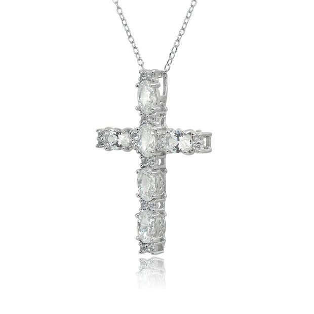Sterling Silver Created White Sapphire Oval-Cut Cross Pendant Necklace