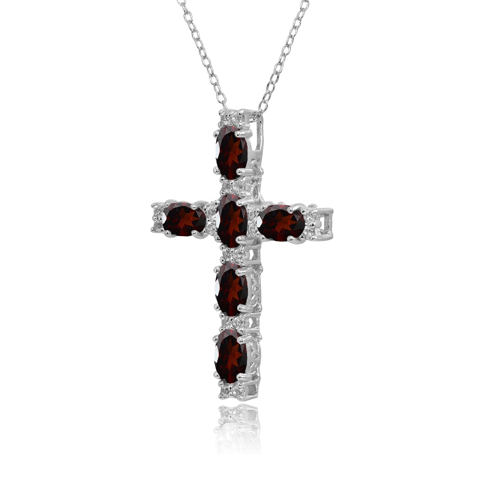 Sterling Silver Garnet Oval-Cut Cross Pendant Necklace with White Topaz Accents-2