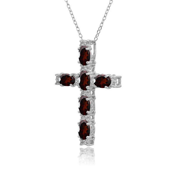 Sterling Silver Garnet Oval-Cut Cross Pendant Necklace with White Topaz Accents