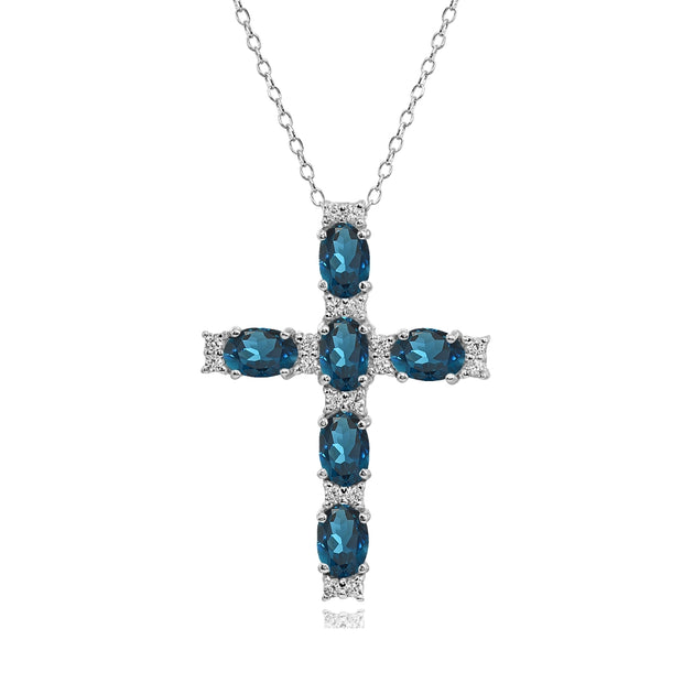 Sterling Silver London Blue Topaz Oval-Cut Cross Pendant Necklace with White Topaz Accents