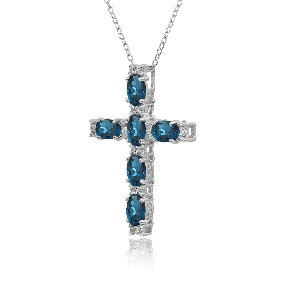 Sterling Silver London Blue Topaz Oval-Cut Cross Pendant Necklace with White Topaz Accents-2