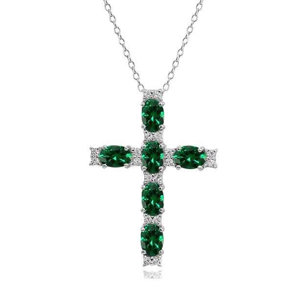 Sterling Silver Created Emerald Oval-Cut Cross Pendant Necklace with White Topaz Accents