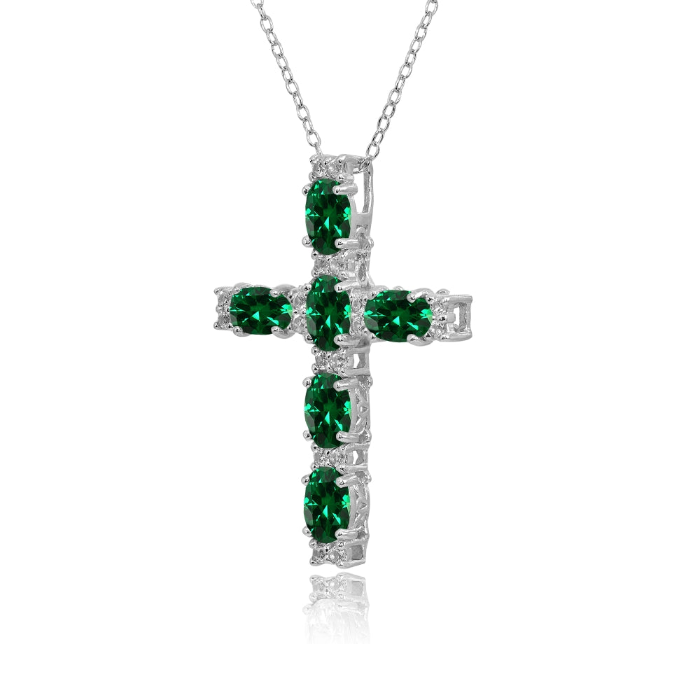 Sterling Silver Created Emerald Oval-Cut Cross Pendant Necklace with White Topaz Accents-2