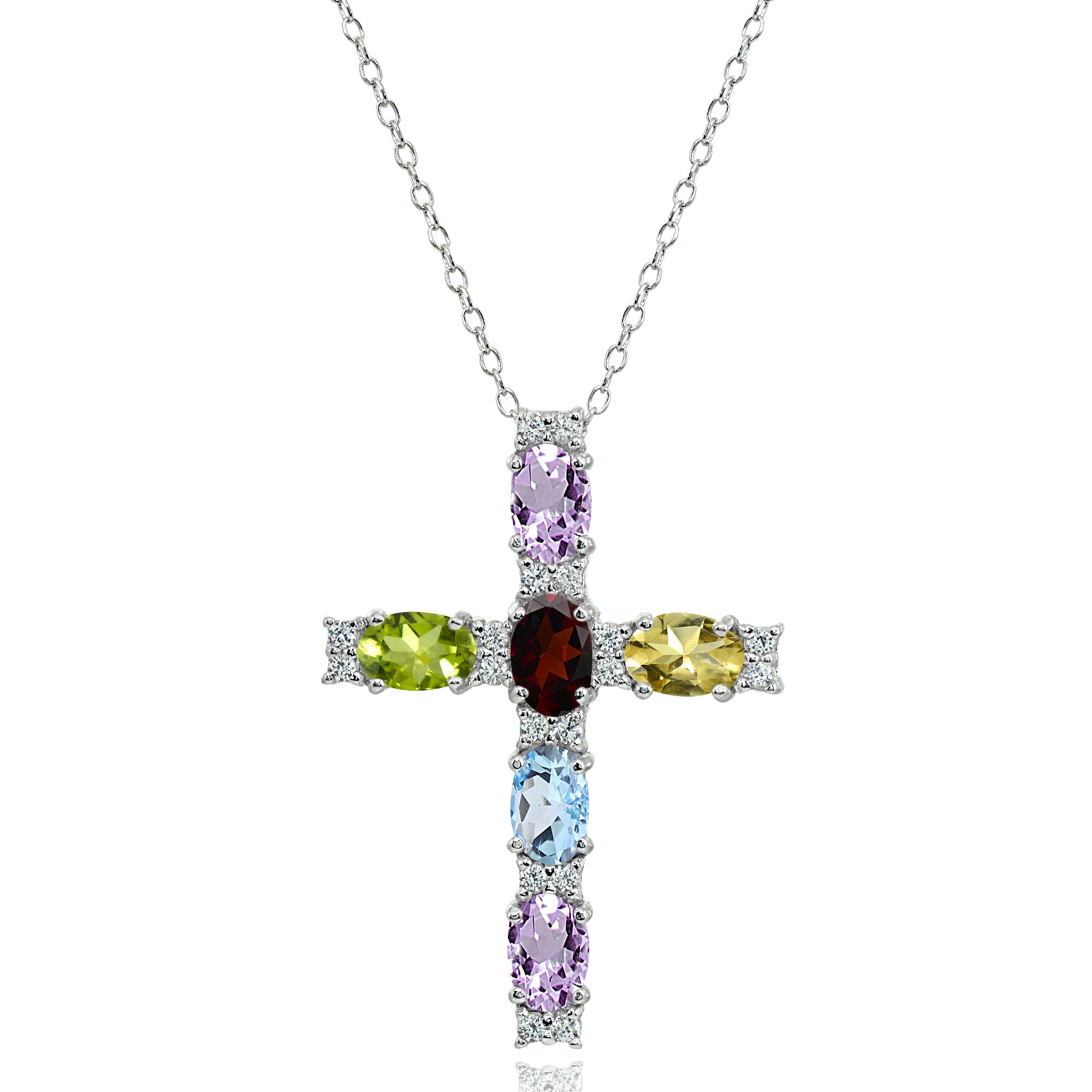Sterling Silver Multi Color Gemstone Oval-Cut Cross Pendant Necklace with White Topaz Accents