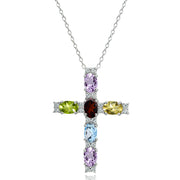 Sterling Silver Multi Color Gemstone Oval-Cut Cross Pendant Necklace with White Topaz Accents