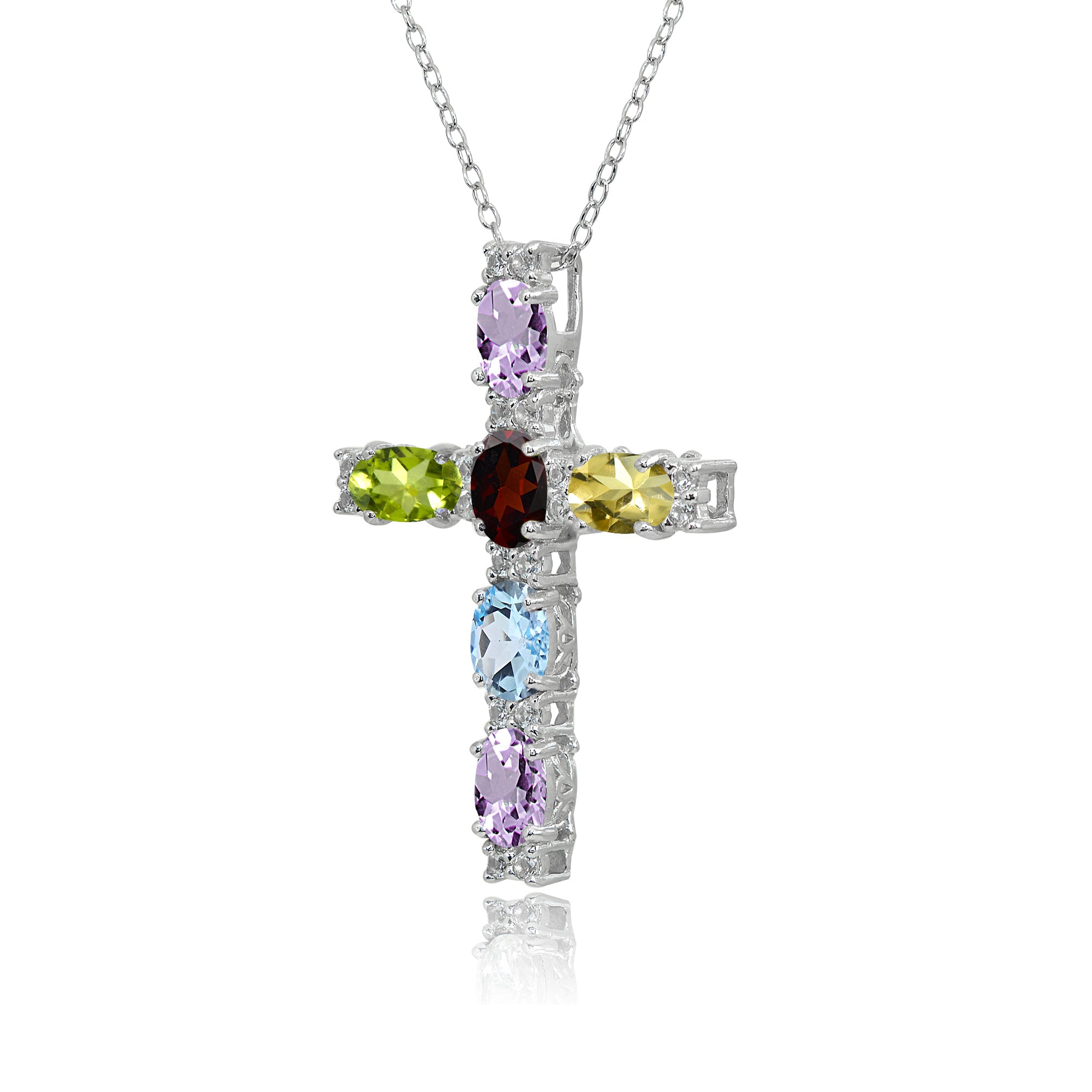 Sterling Silver Multi Color Gemstone Oval-Cut Cross Pendant Necklace with White Topaz Accents-2