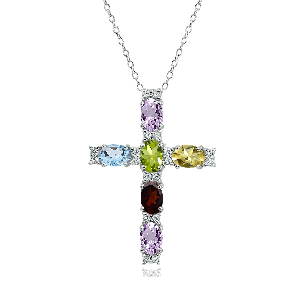 Sterling Silver Multi Color Gemstone Oval-Cut Cross Pendant Necklace with White Topaz Accents-5